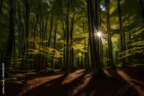 rays of light in the forest  Spheric panorama in a forest  magnificent upwards view to the treetops 