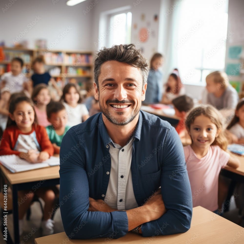 Portrait of smiling male teacher standing in a class at elementary school looking at camera with learning students on background Portrait of smiling male teacher standing in a class at elementary school looking at camera with learning students on background