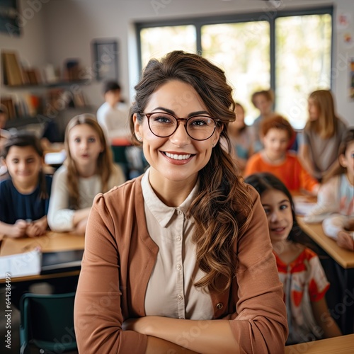 Portrait of smiling female teacher standing in a class at elementary school looking at camera with learning students on background