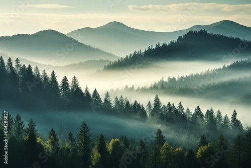 Sunlit misty pine forest with hazy clouds over serene mountain hills. Generative AI