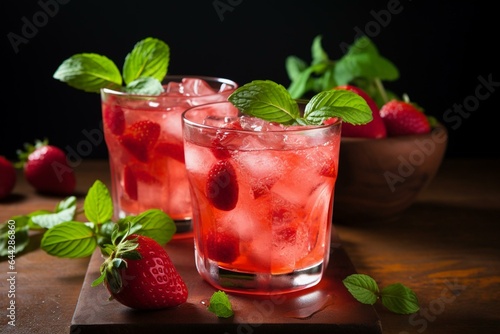 Refreshing strawberry and basil summer beverage, both alcoholic and non-alcoholic versions available. Generative AI