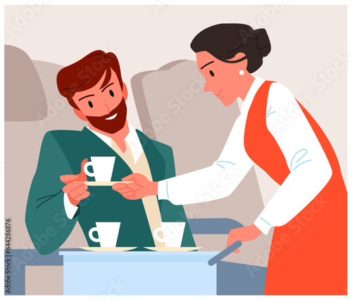 Stewardess offering coffee to passenger vector illustration. Cartoon airline service scene, flight attendant with cart in plane aisle serving drink to man sitting in chair of airplane cabin interior