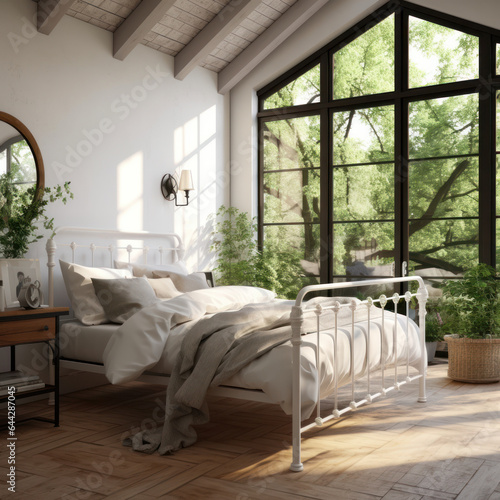  A wrought iron style bedroom with a white metal bed  