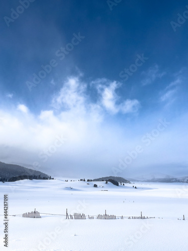 Winter landscape with snow fence and cloudy sky