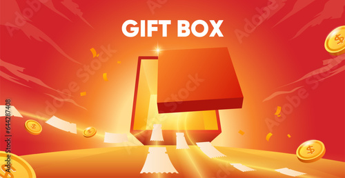 Vector open gift box top view with discount card and coin flying out