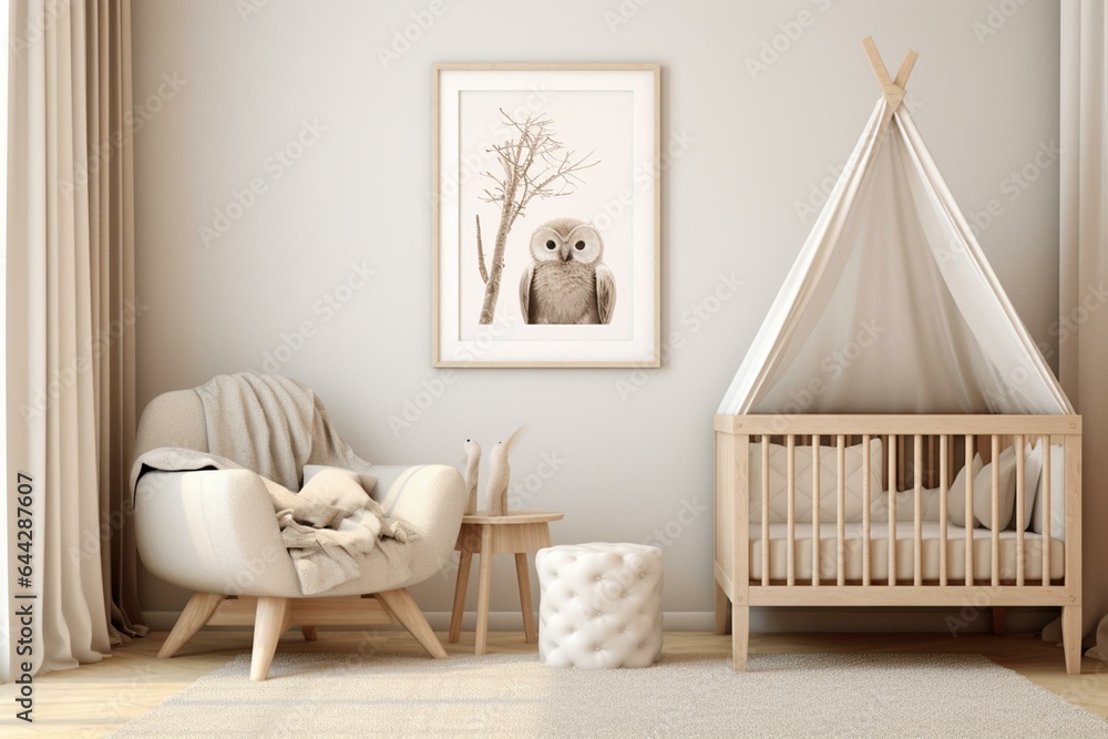 Farmhouse-inspired 3D nursery mockup with framed poster. Generative AI - obrazy, fototapety, plakaty 