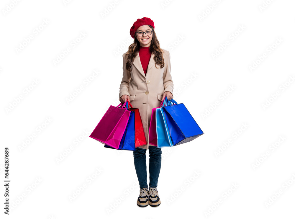 best sale offer. teen fashion girl after shopping. shopaholic. autumn shopping sale. stylish teen girl go shopping in autumn beret. shopping sale and discount. girl shopper with bags