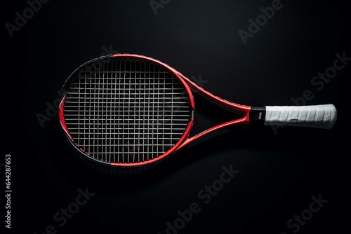 Bird's-eye view of tennis racket and ball against a black backdrop. Generative AI