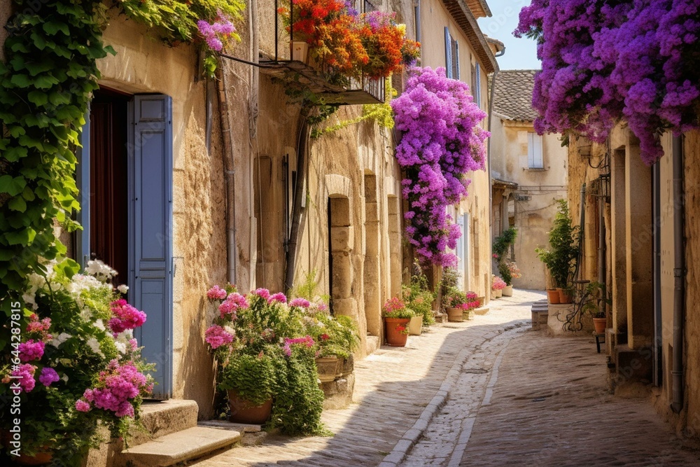 Charming streets in small French village - Lectoure, adorned with flowers and serenely narrow. Generative AI