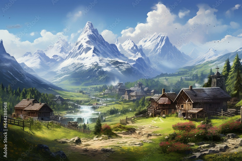 A painting depicting a medieval village nestled in the mountains. Generative AI