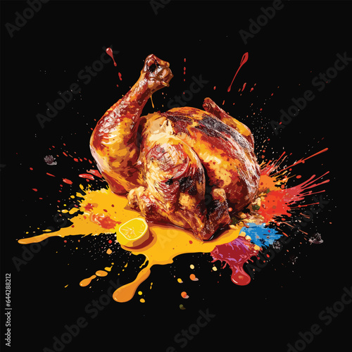 colorful splash realistic vector art chicken grill, isolated on black background