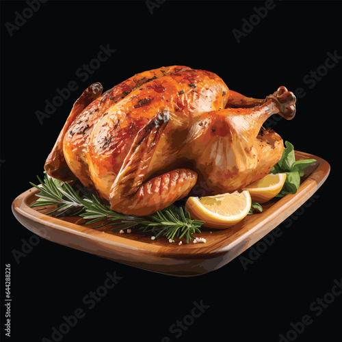 roasted chicken grill realistic vector art illustration, isolated on black background, digital vector graphic
