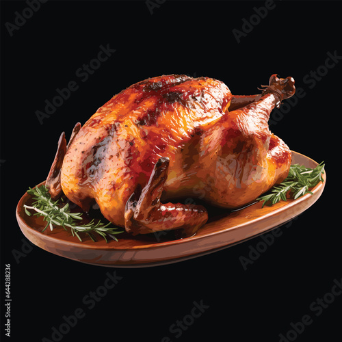 roasted chicken grill realistic vector art illustration, isolated on black background, digital vector graphic