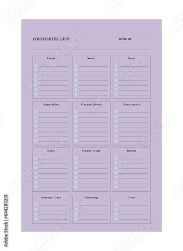 groceries list workout tracker planner. Plan you food day easily. Vector illustration. 