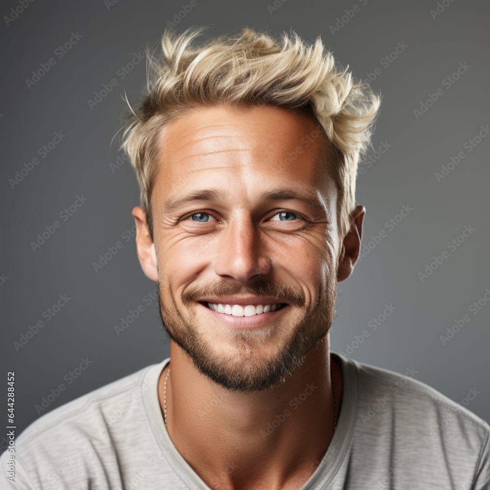 portrait of a handsome blonde scandinavian man smiling with clean teeth - obrazy, fototapety, plakaty 