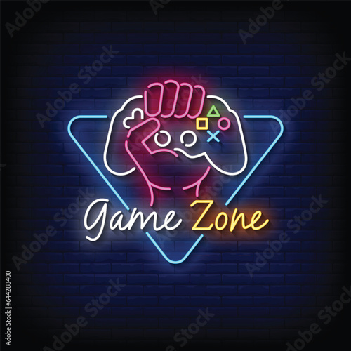 Neon Sign game zone with brick wall background vector