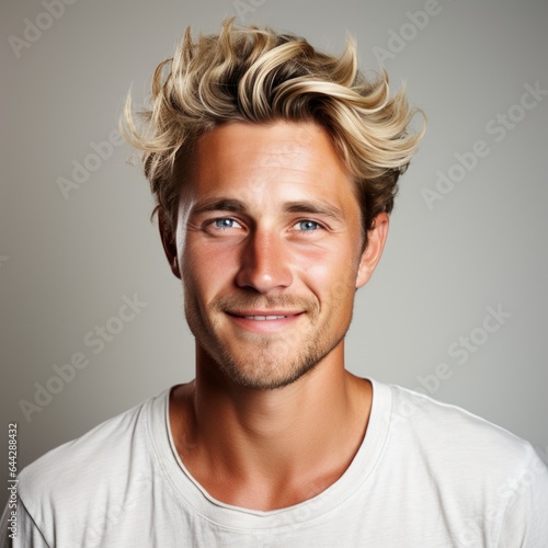 portrait of a handsome blonde scandinavian man smiling with clean teeth