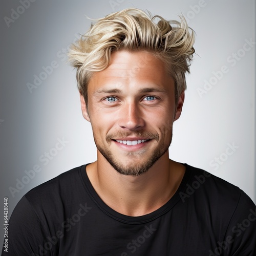 portrait of a handsome blonde scandinavian man smiling with clean teeth