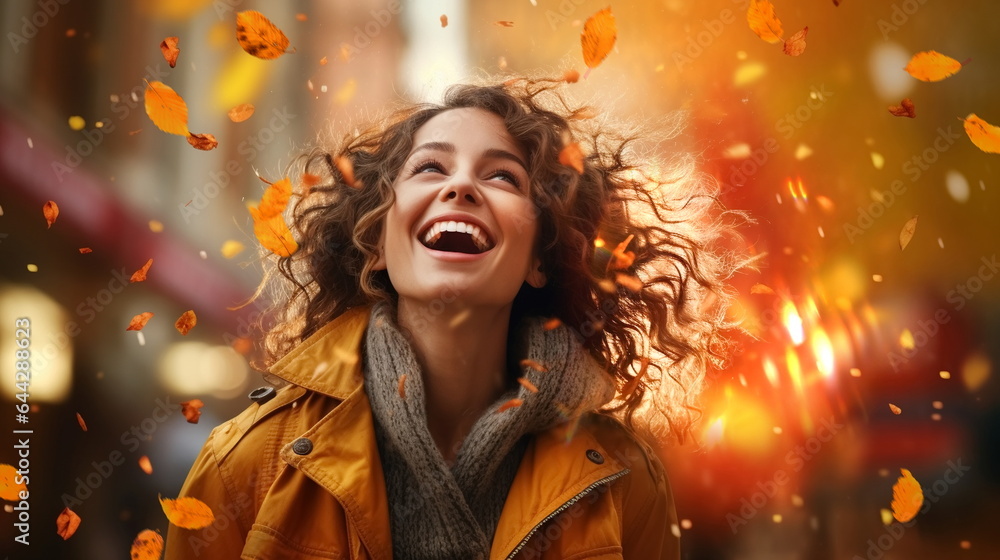  happy  smiling woman in rainy coats on Autumn day in city 