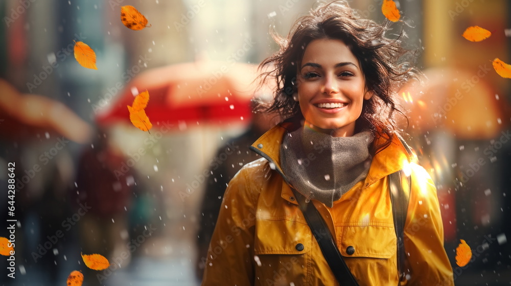 happy  smiling woman in rainy coats on Autumn day in city 