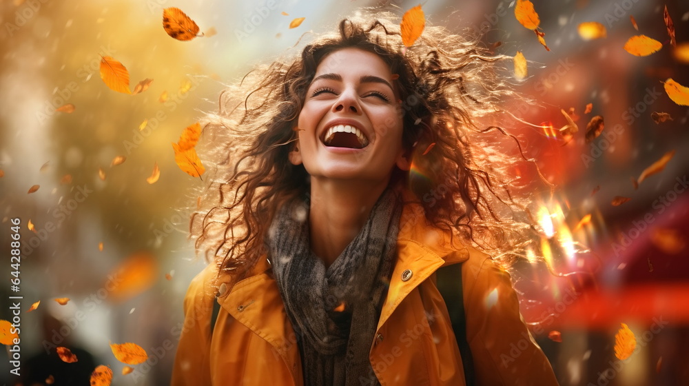  happy  smiling woman in rainy coats on Autumn day in city 