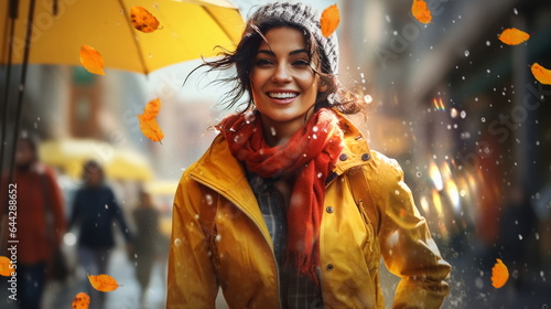  happy  smiling woman in rainy coats on Autumn day in city 