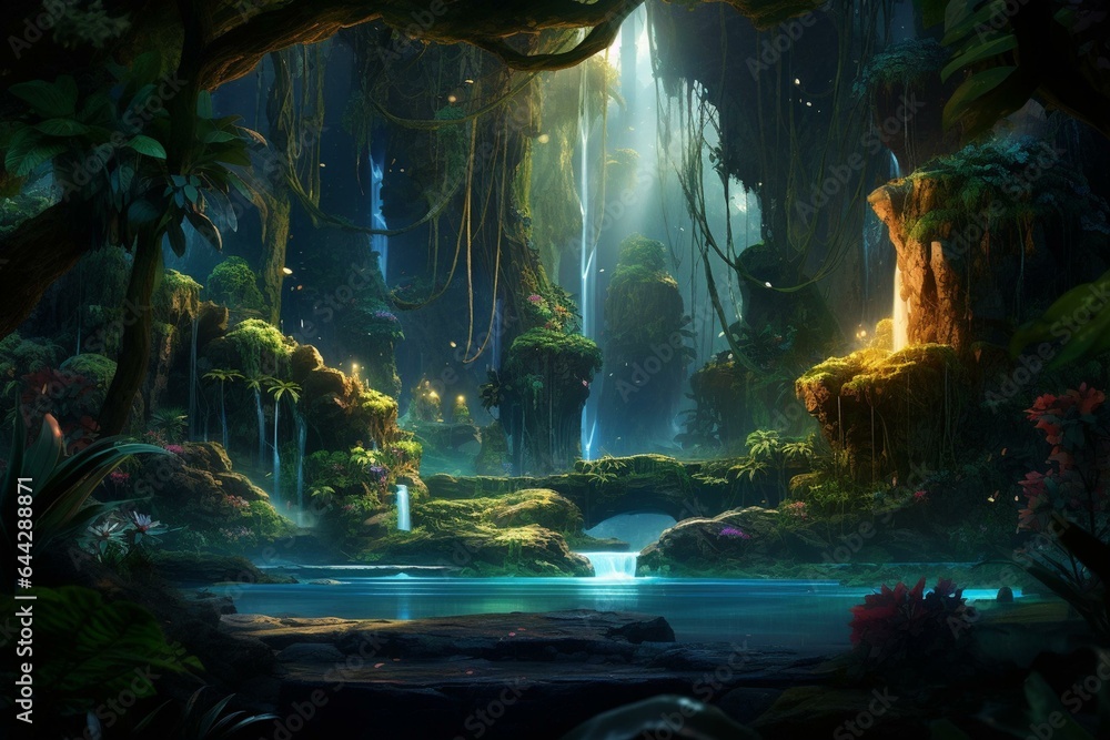 A mesmerizing immersion in a mystical, luminous jungle, alive with vibrant greenery and otherworldly illumination. Generative AI