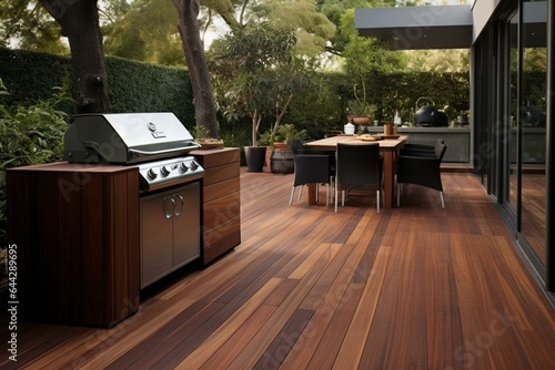 Luxury teak flooring on outdoor patio with barbecue. Generative AI
