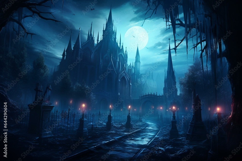 Enchanting night view with gothic cemetery, embodying dark academia aesthetics. Magnificent concept art. Generative AI