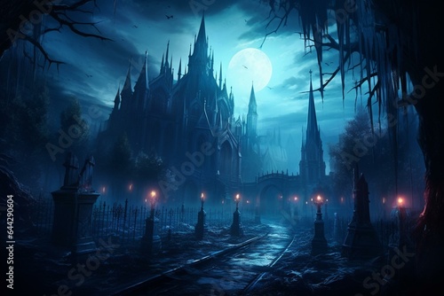 Enchanting night view with gothic cemetery, embodying dark academia aesthetics. Magnificent concept art. Generative AI