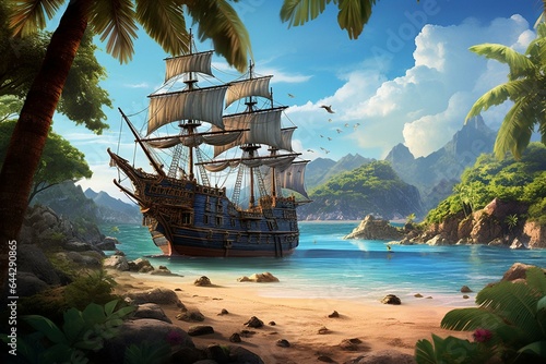 Illustration of pirate ship arriving at tropical beach to pick up pirates. Exotic and storybook-like artwork. Generative AI