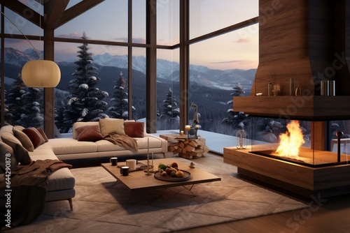 Warm living space with a fireplace and a picturesque view of snow-covered mountains. Generative AI © Elina