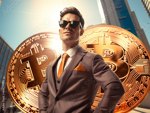 Bitcoin Man Businessman Crypto Cryptocurrency Ethereum Metaverse Heroic Pose Superhero Scams Bull Trap Wall Street Banker Trader Sunglasses Investment Rising Skyrocketing to the Moon photo