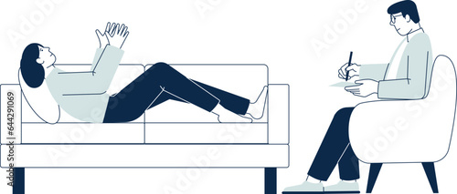 Therapy session. Woman laying on sofa and talking with psychologist