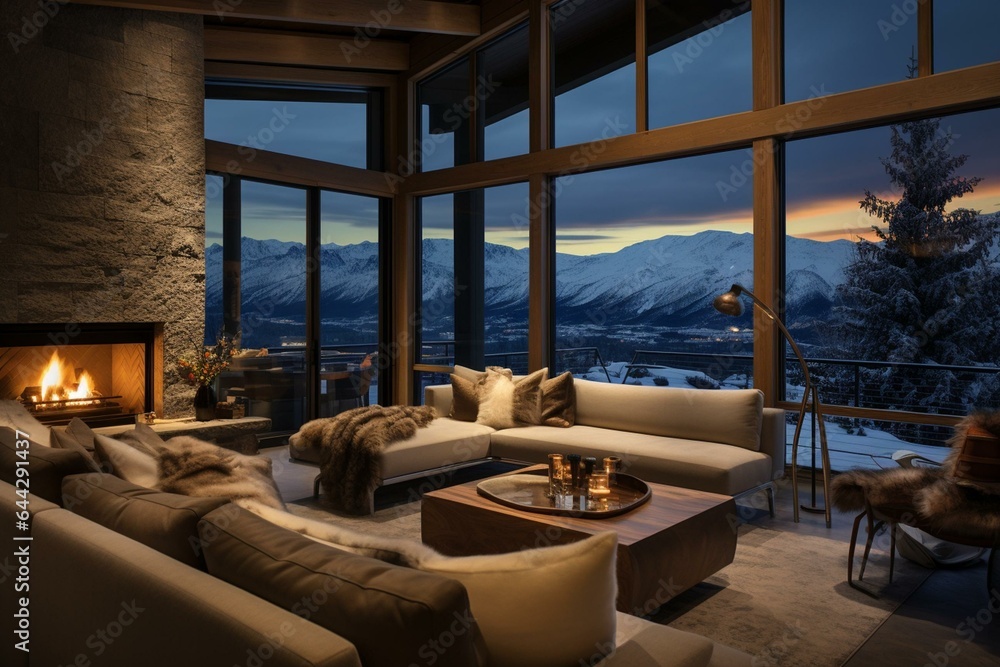 Warm living area, contemporary hearth, and large picture window framing scenic snowy mountains. Solitude in natural surroundings, escape from ordinary routine. Generative AI