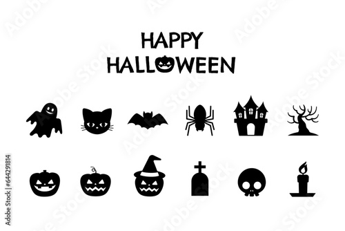 さまざなイラストのハロウィンの白黒アイコン