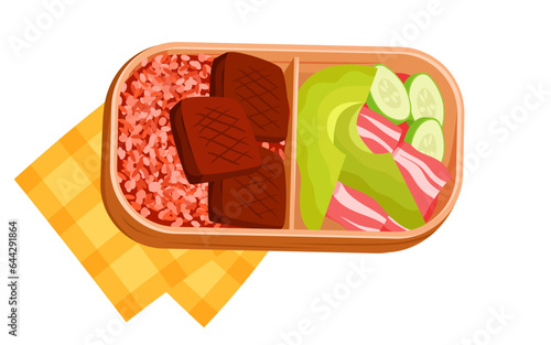 Lunch box with food vector illustration. Cartoon isolated divided plastic tray with healthy salad, meat pieces and garnish, folded checkered napkin and open container for homemade meal in lunchtime