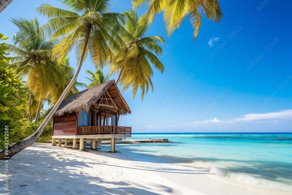 Tropical paradise: sandy beach, palm trees, sunny sea, wooden bungalow. Vacation on a paradise island. Generative AI