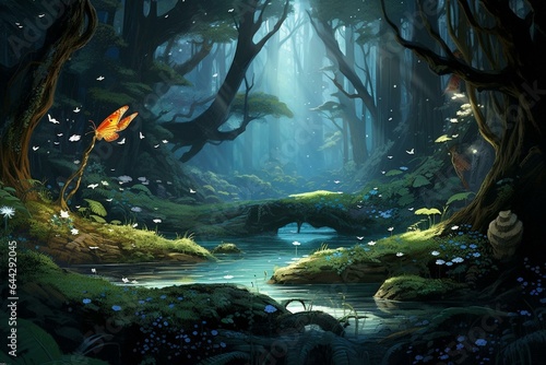 Enchanting forest with mystic fungus  butterfly  moonlight beams  and snowy dell. Generative AI
