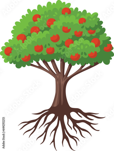 Tree with red fruits. Cartoon green garden plant