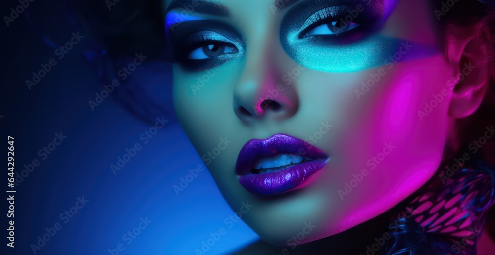 Fashion studio portrait of young woman beautiful makeup, bright neon colors, Pretty young woman face on the neon colors background