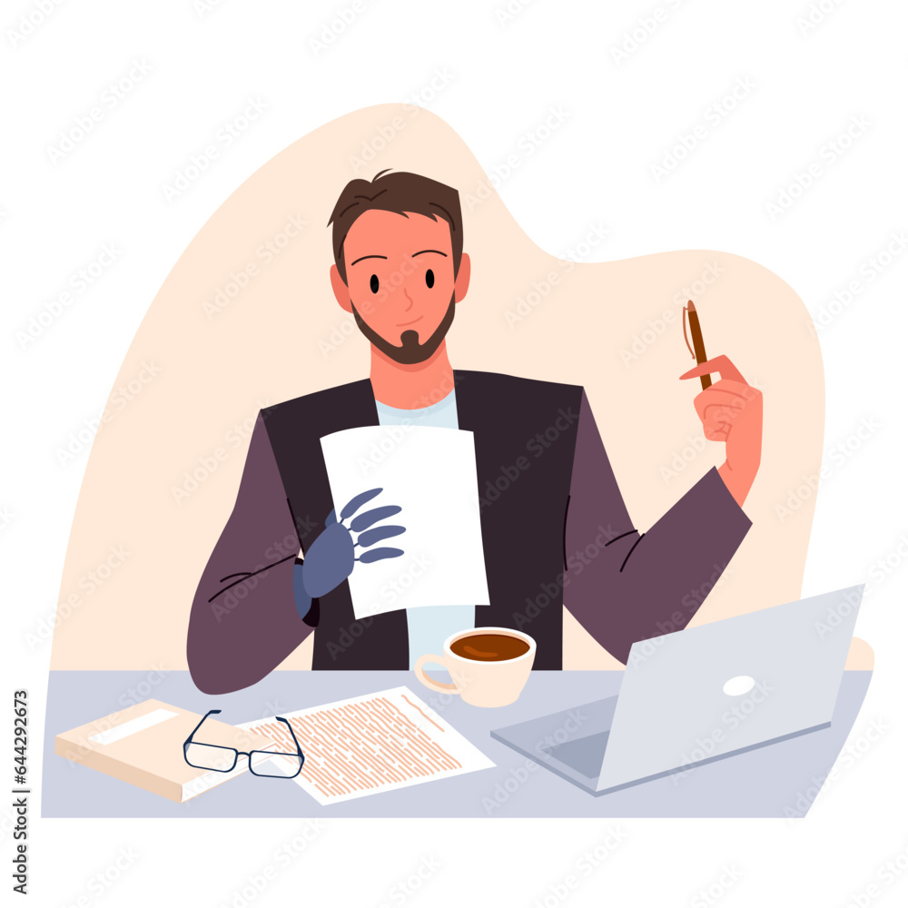 Employee with physical disability working at laptop vector illustration. Cartoon isolated scene from office workers workplace, man with hand prosthesis sitting at desk, holding paper document and pen Employee with physical disability working at laptop vector illustration. Cartoon isolated scene from office workers workplace, man with hand prosthesis sitting at desk, holding paper document and pen
