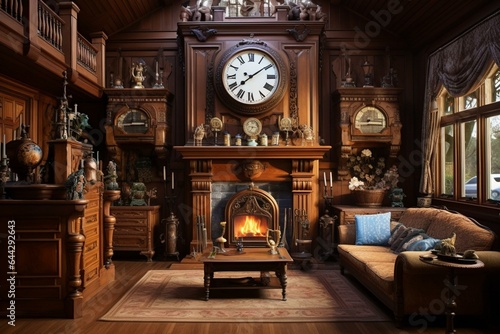 Cozy home with wooden walls, decorations, grandfather clock, and television in Victorian-style living room. Generative AI