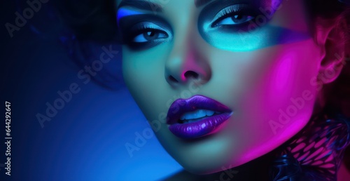 Fashion studio portrait of young woman beautiful makeup, bright neon colors, Pretty young woman face on the neon colors background