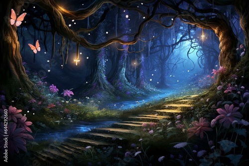 Enchanting nocturnal woodland with luminescent blooms, fluttering butterfly, and captivating illumination. Generative AI © Edward