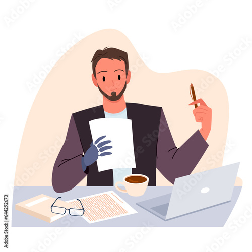 Employee with physical disability working at laptop vector illustration. Cartoon isolated scene from office workers workplace, man with hand prosthesis sitting at desk, holding paper document and pen