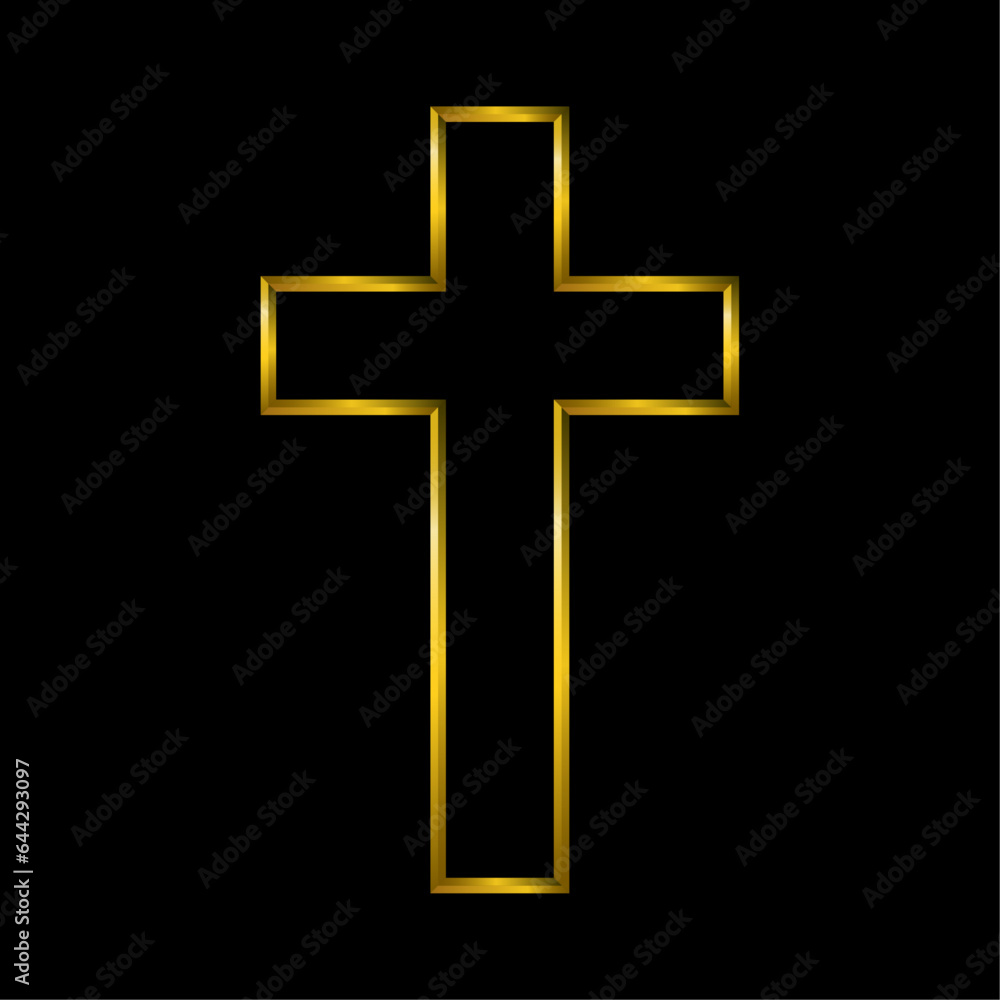 Gold cross, spirituality, holy icon in golden metallic thin lines. Symbols set collection.