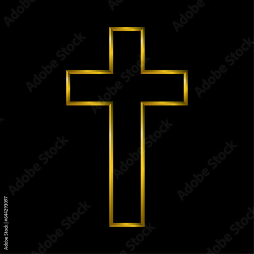Gold cross, spirituality, holy icon in golden metallic thin lines. Symbols set collection.