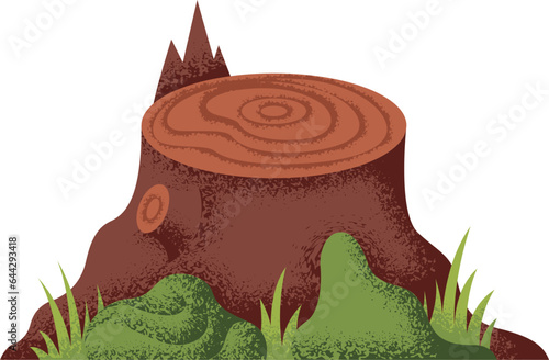 Wooden stump in green grass. Textured landscape element