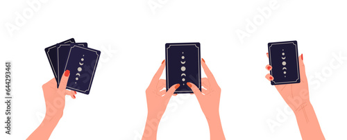 Hands holding tarot cards with boho moon. Female fortune teller predicting future. Magic and esoteric. Set of vector illustrations in flat cartoon style.